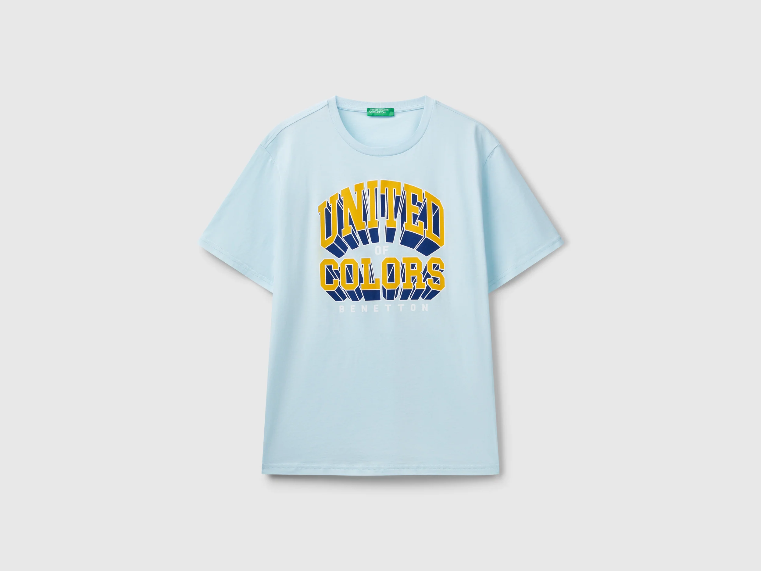 T-shirt azzurra in cotone con logo giallo